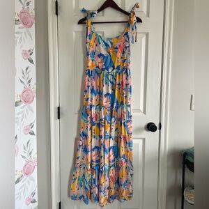 Blue Pink Yellow Floral Maxi Dress Tie Shoulder Tiered Boho Sundress Size M